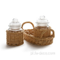 Płyta owinięta przez Rattan i 2PCS Mason Jar Glass